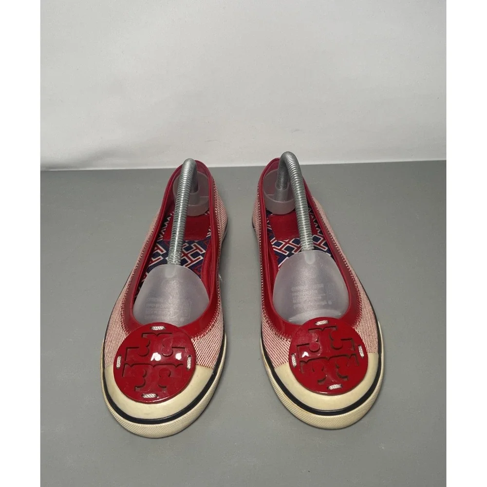 Tory Burch Women's Channing Red Canvas  Cap Toe Ballet Flats Size 6